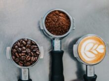 flat lay photography of coffee latte, ground coffee, and coffee beans