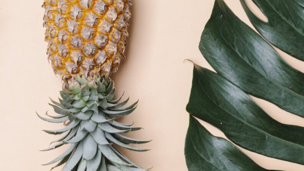 Top view of whole sweet tasty fruit of pineapple near big green tropical leaf on beige background