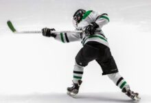 man wearing green and white ice hockey jersey while playing