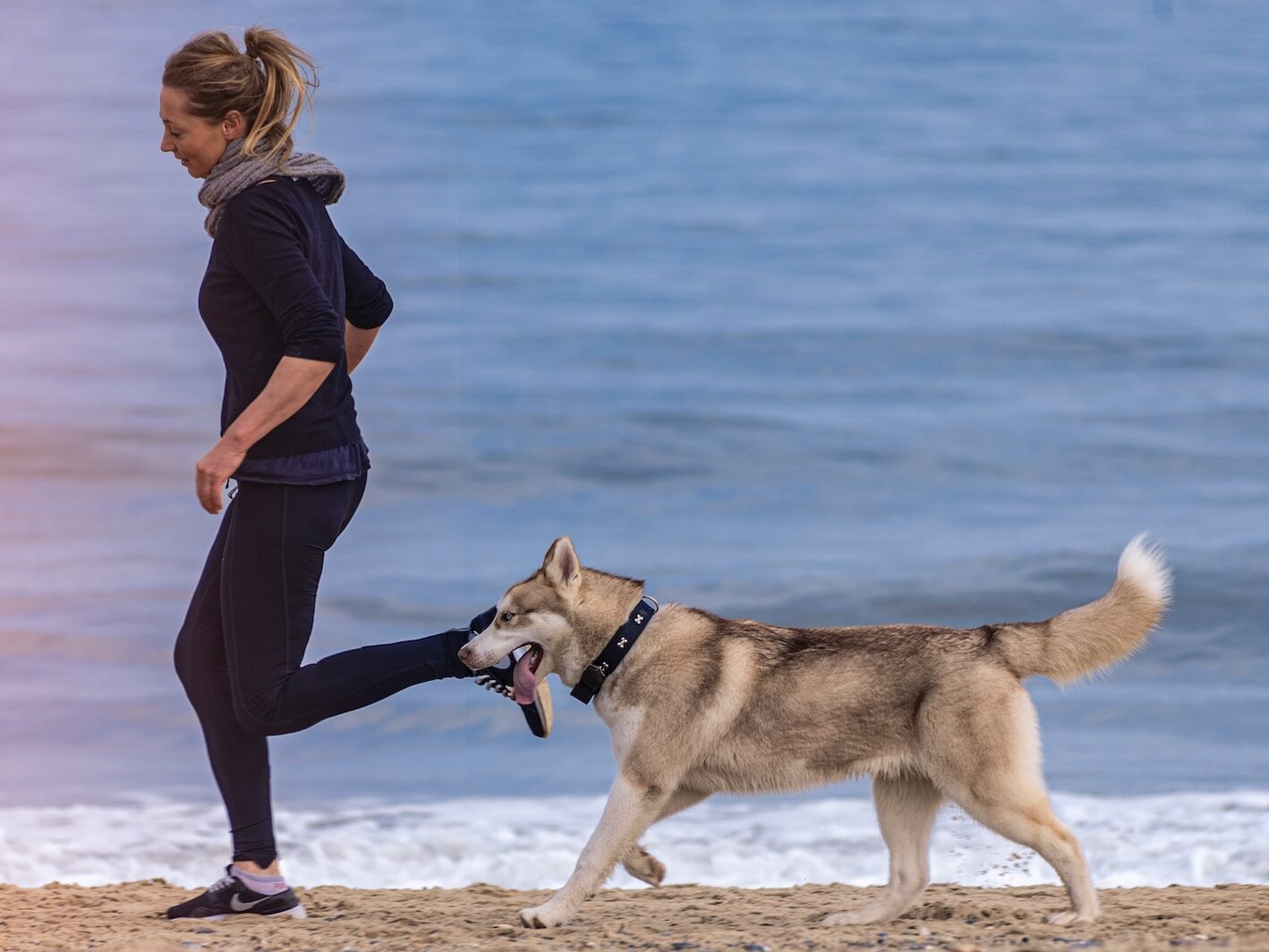 woman and dog on seashore