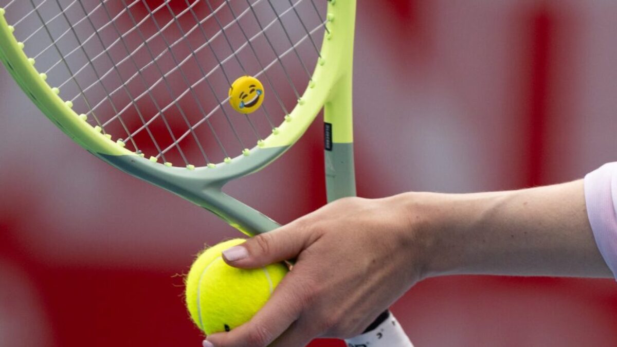 Woman Hands Holding Tennis Ball and Racket with Emoji