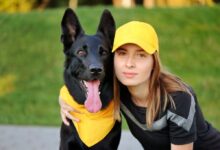 Dívka ze žluté kšiltovce drží kolem krku psa se žlutým šátkem