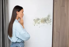Žena prohlížející si plíseň na zdi