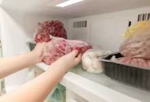 Žena vkládá maso do mrazáku