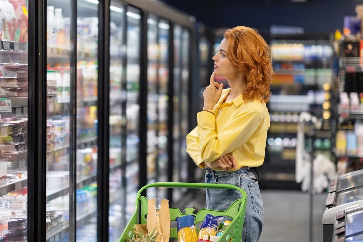 Žena si zkoumavě prohlíží regály se zbožím v supermarketu