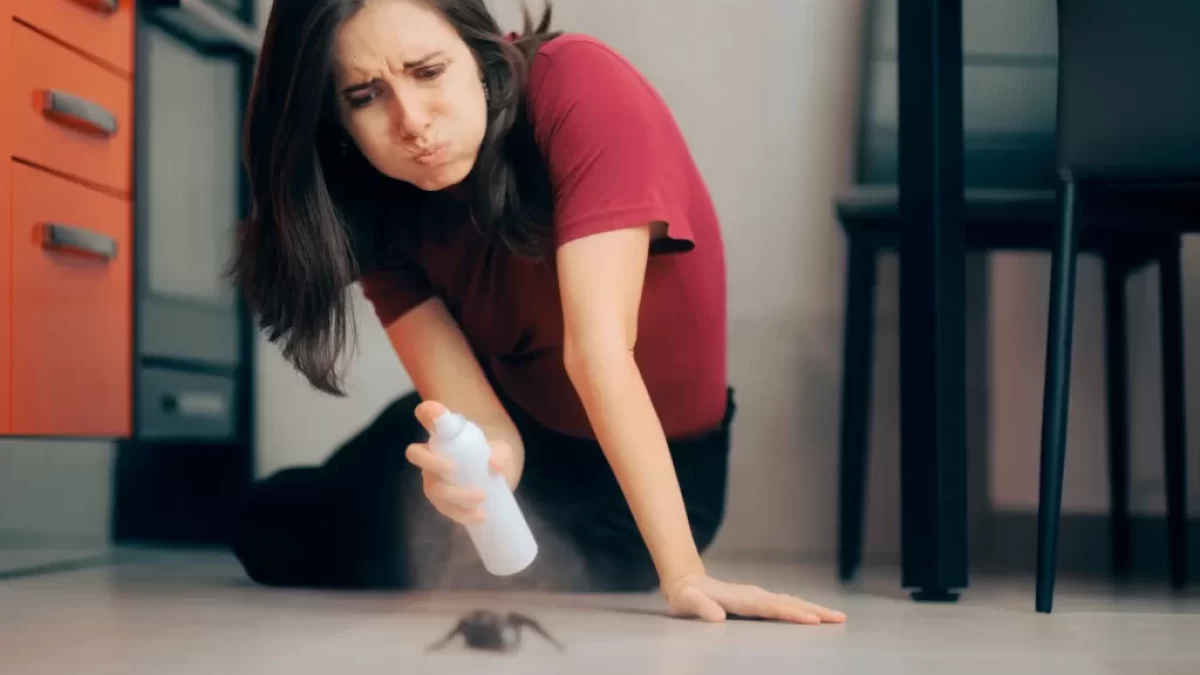 Žena sprejem odpuzuje pavouka