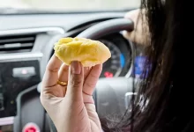 Žena za volantem držící v ruce plod durianu