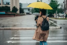 žena s deštníkem kráčí po silnici