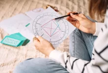 Mladá žena sedí na zemi a před sebou má horoskop, který zkoumá