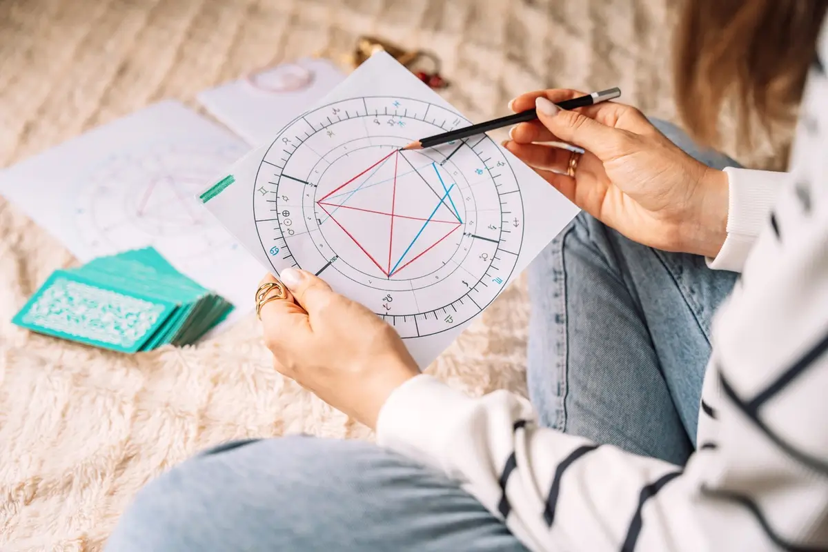 Mladá žena sedí na zemi a před sebou má horoskop, který zkoumá