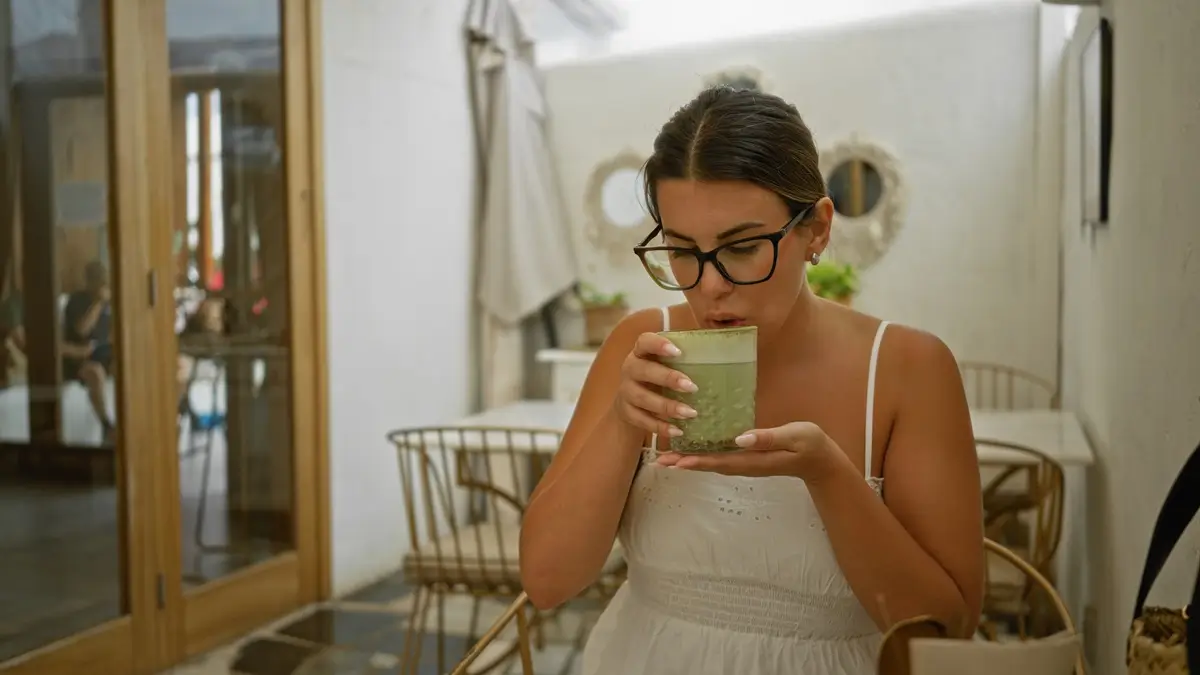 Mladá žena popíjí tradiční japonský matcha čaj