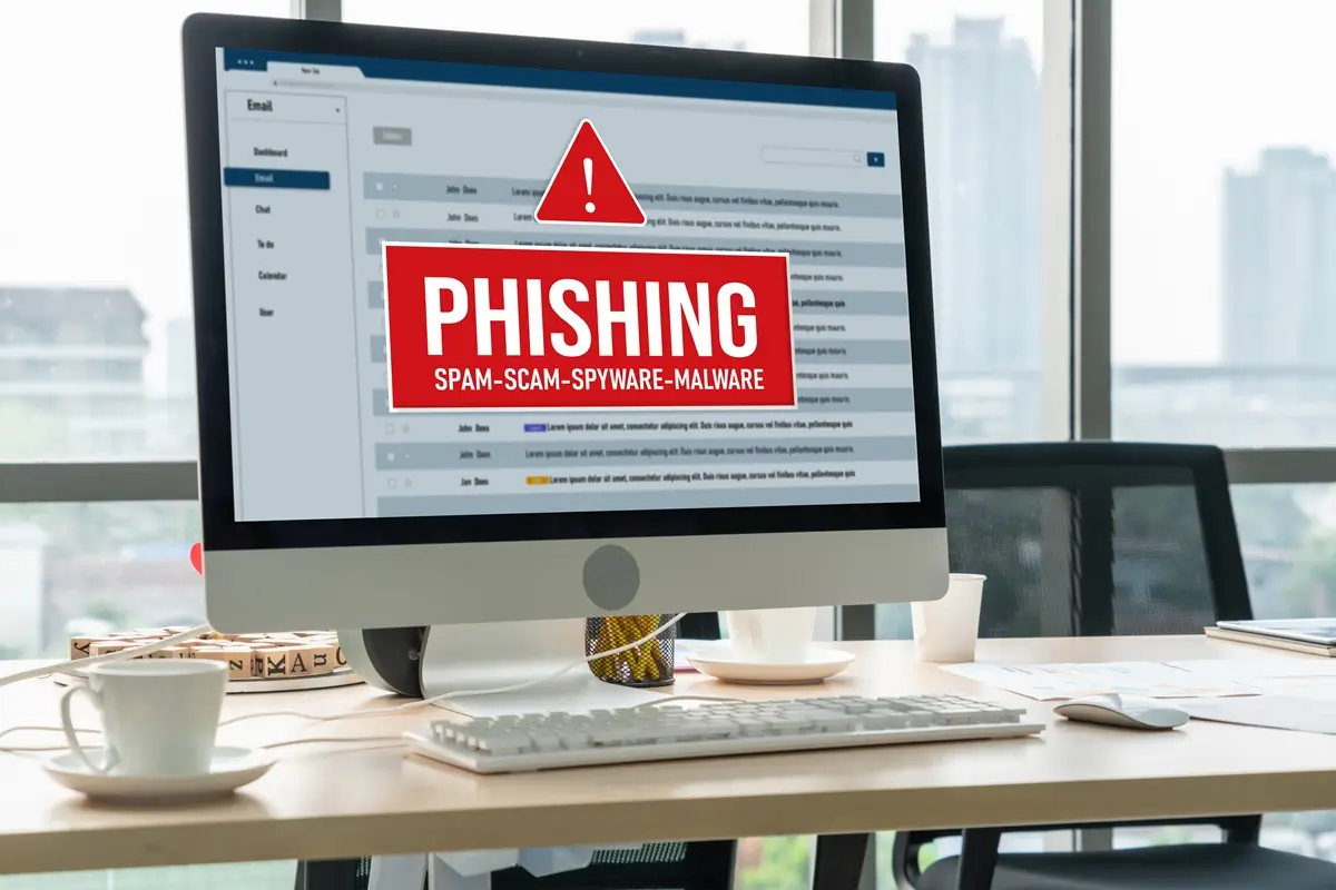 Phishing 3 - SportDeník Obrazovka stolního počítače s varováním a nápisem "Phishing"