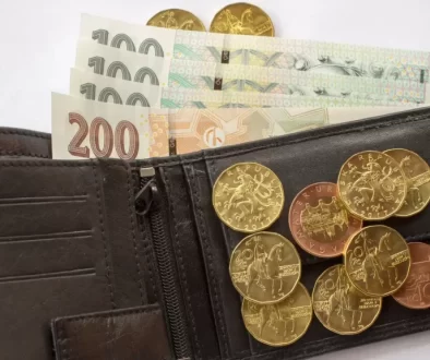 Otevřená peněženka s českými bankovkami a mincemi.