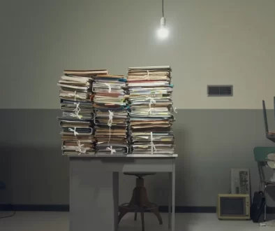 Stůl ve staré místnosti se stohy papírů a složek