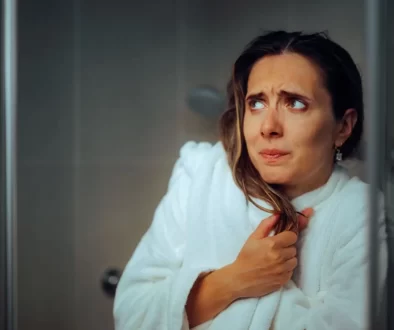 Vystrašená žena v koupelně