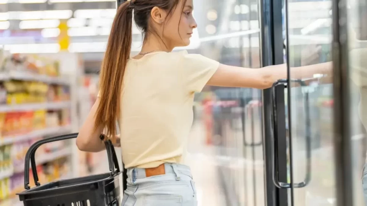 Žena nakupující v obchodě, vybírá si potraviny
