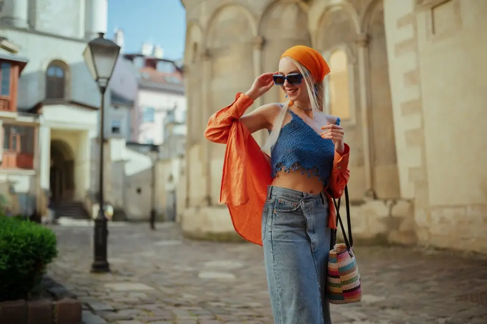 žena v oranžovém outfitu