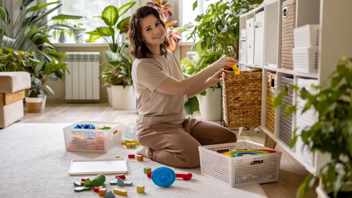 žena uklízí hračky