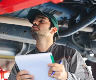 Technik při kontrole spodní části vozidla během STK