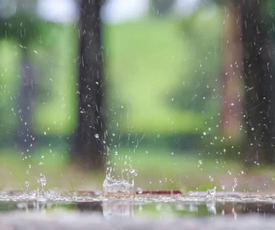 Detail dešťových kapek dopadajících na zem
