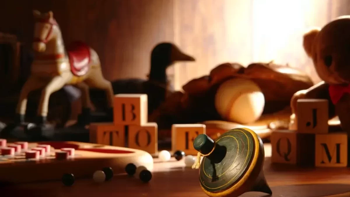 Staré dřevěné hračky včetně vyřezávaného dřevěného koníka a jejich nostalgie