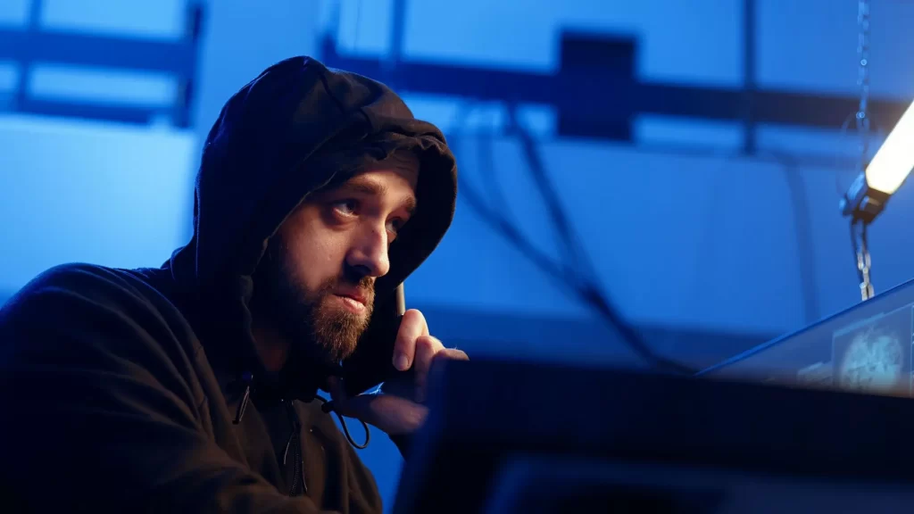 Novodobí podvodníci působí po telefonu důvěryhodně, a vy tak nepoznáte, kdo je ve skutečnosti na druhé straně. - SportDeník muž v kapuci s telefonem u ucha