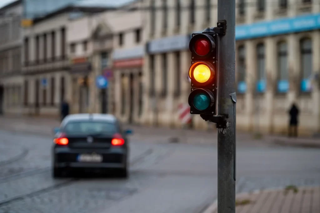 auto projíždějící na oranžovou na semaforu