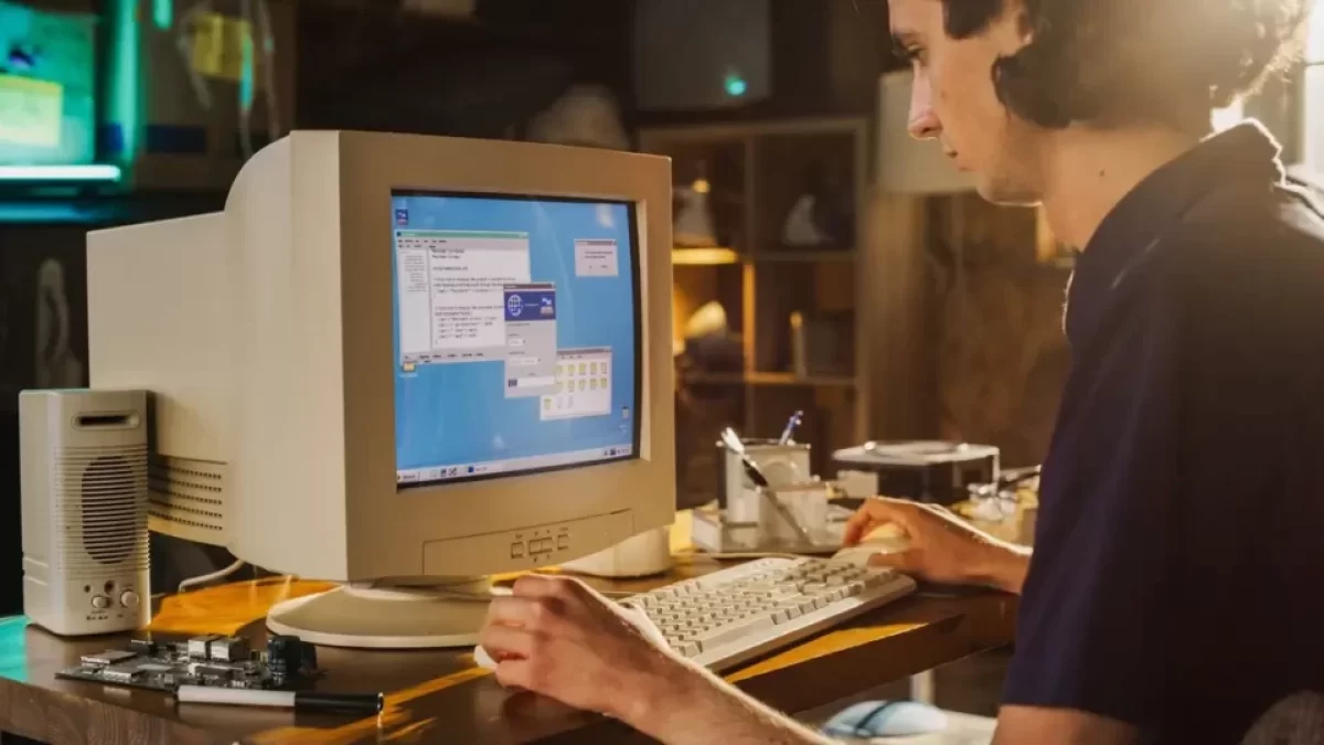 Mladý muž sedí za starou retro počítačovou sestavou a pracuje na ní