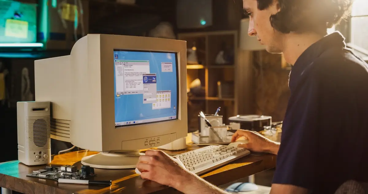 Mladý muž sedí za starou retro počítačovou sestavou a pracuje na ní