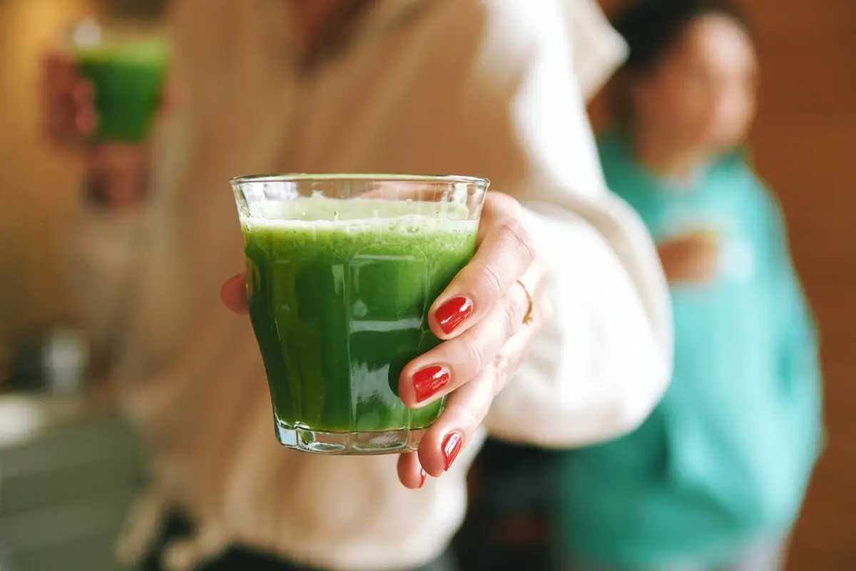 Ženská ruka držící speciálně sytě zelený detoxikační nápoj 