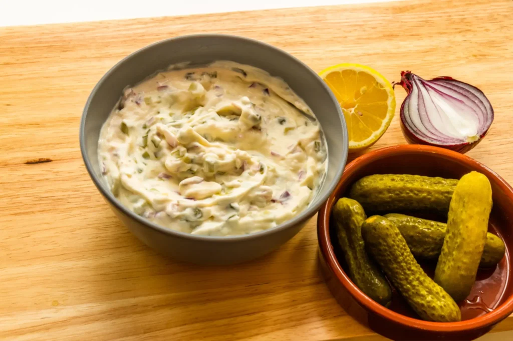 „Miska s domácí tatarskou omáčkou na dřevěném prkénku, vedle citron, červená cibule a nakládané okurky.