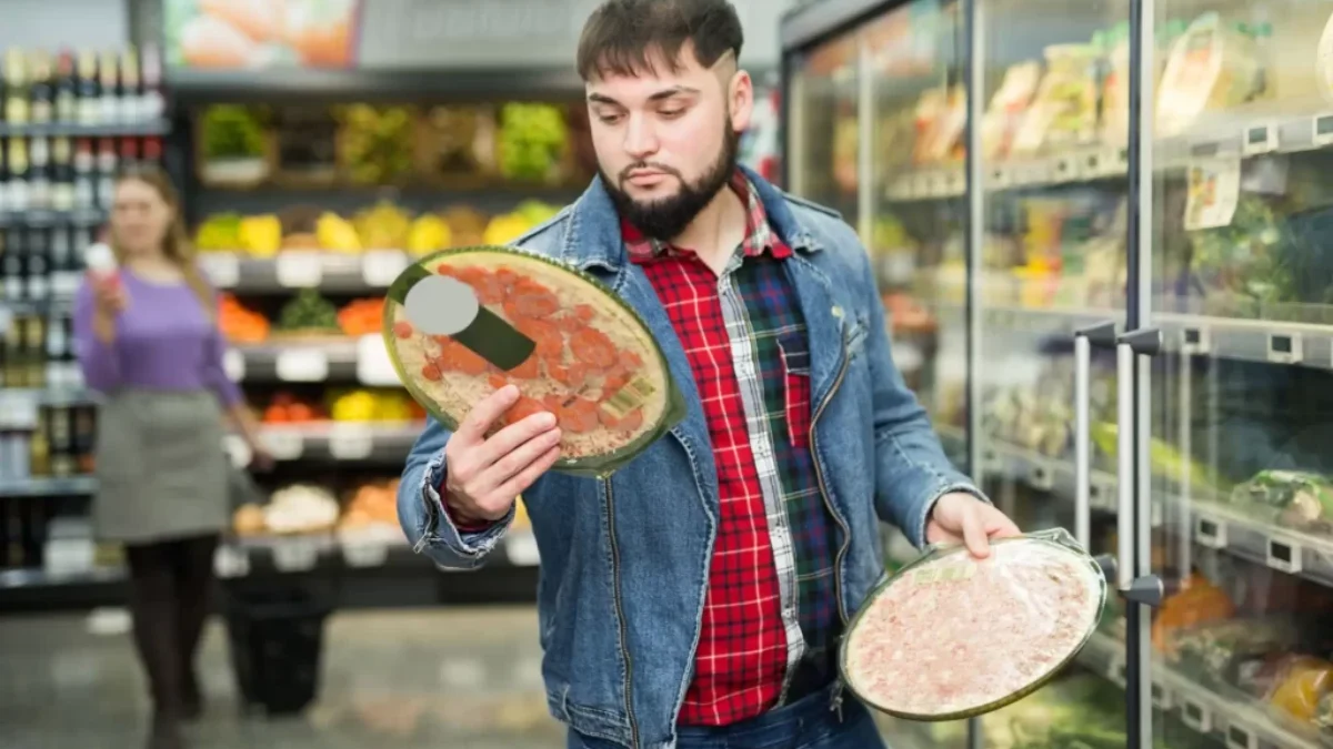 Muž kupuje mraženou pizzu