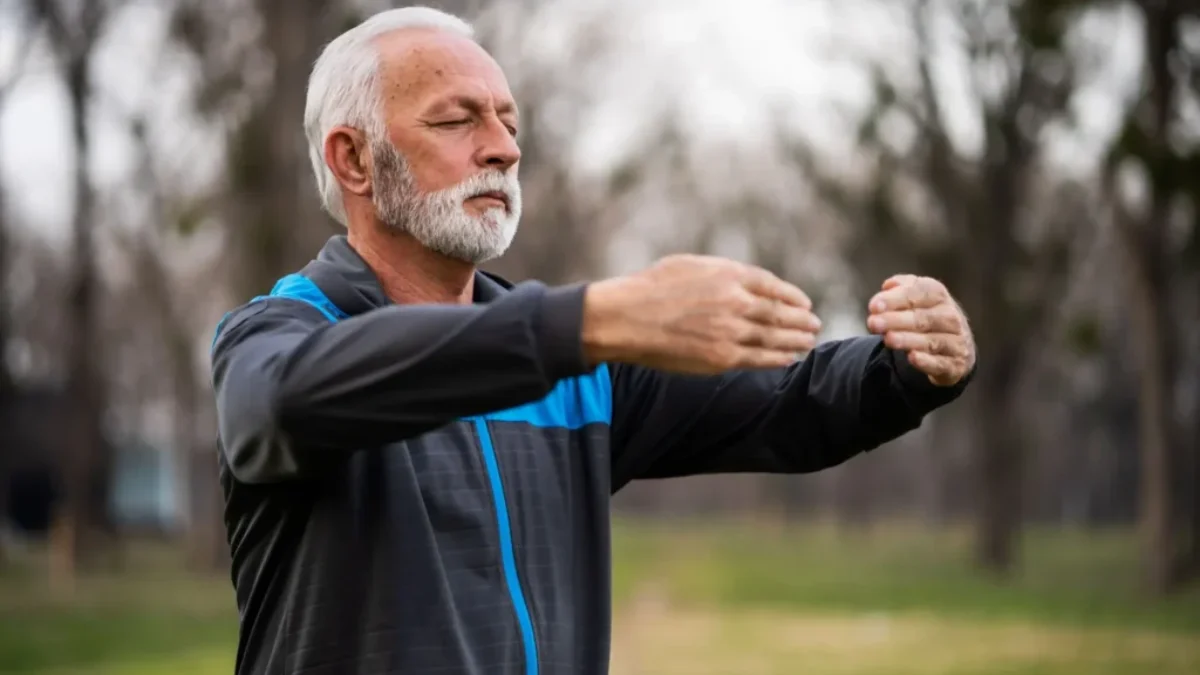 Starší muž cvičí tai chi