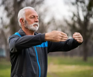 Starší muž cvičí tai chi