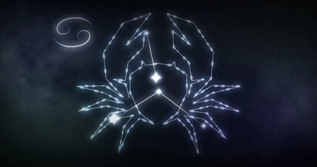 Souhvězdí Raka na temné obloze se zvýrazněním hvězd a symbolem znamení.