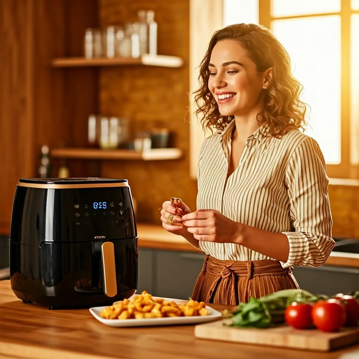Mladá krásná usmívající se žena obsluhuje v kuchyni horkovzdušnou fritézu