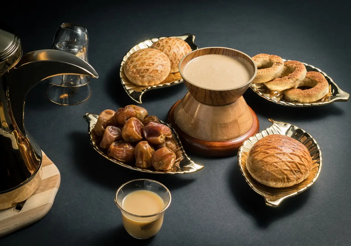 kafe 1 - SportDeník Stůl s tácky se sladkostmi a orientální nádobou na pastu tahini