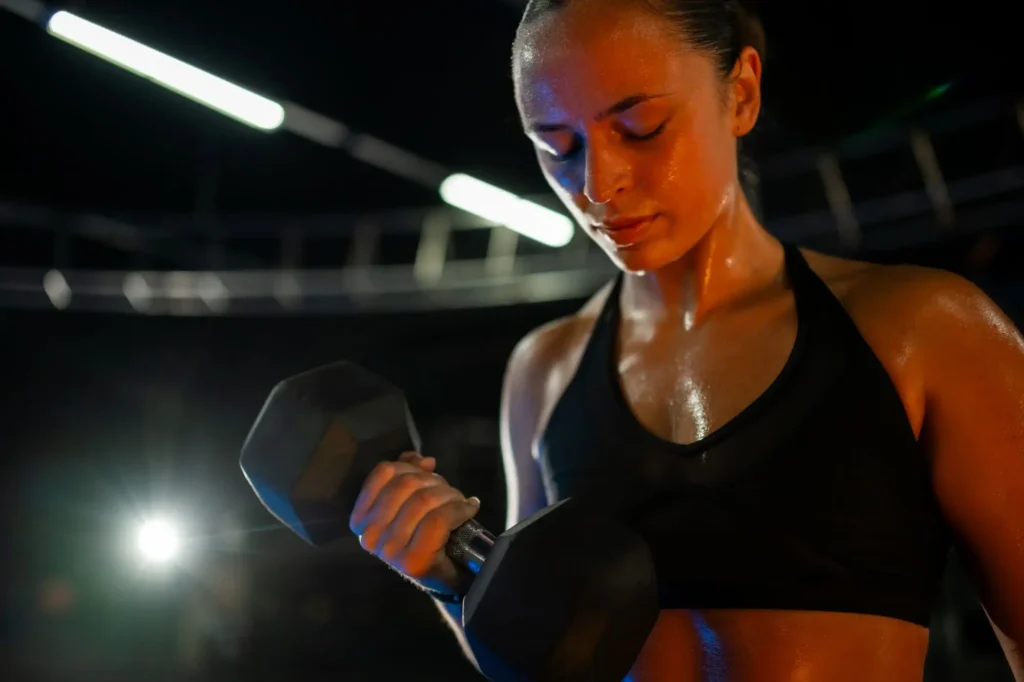 Náročné intenzivní tréninky ve večerních hodinách raději vynechejte. - SportDeník žena s činkou ve tmě