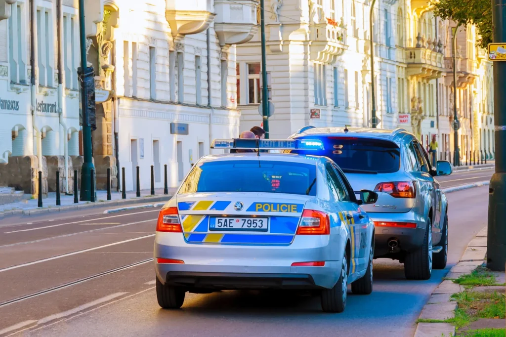 Shutterstock_1868989303 - SportDeník Policejní auto zaparkované u silnice