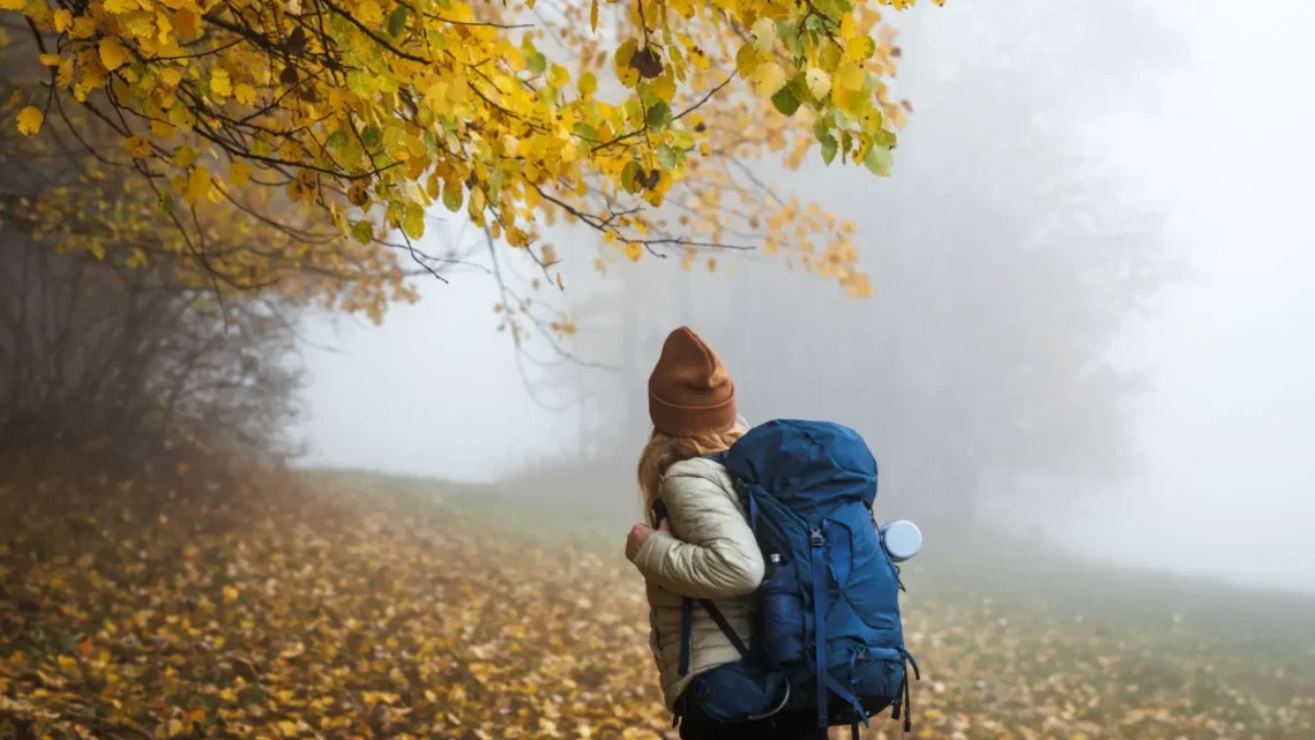 Mladá žena s batohem kouká do mlhy u lesa
