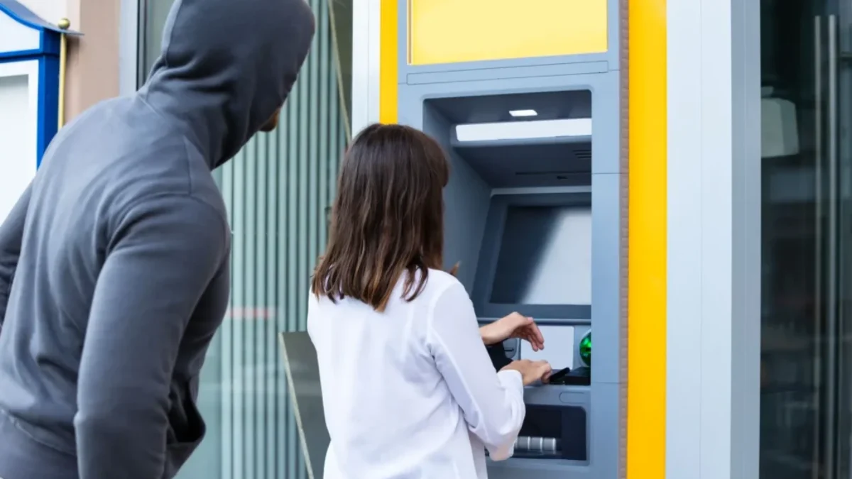 žena u bankomatu a za ní zloděj