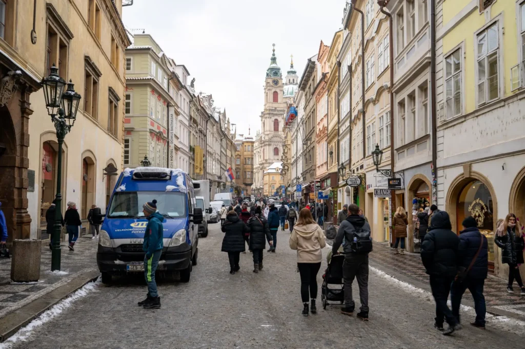 ulice Prahy v zimě bez sněhu