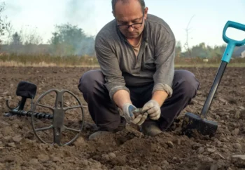 Muž s detektorem kovů hledá na poli.