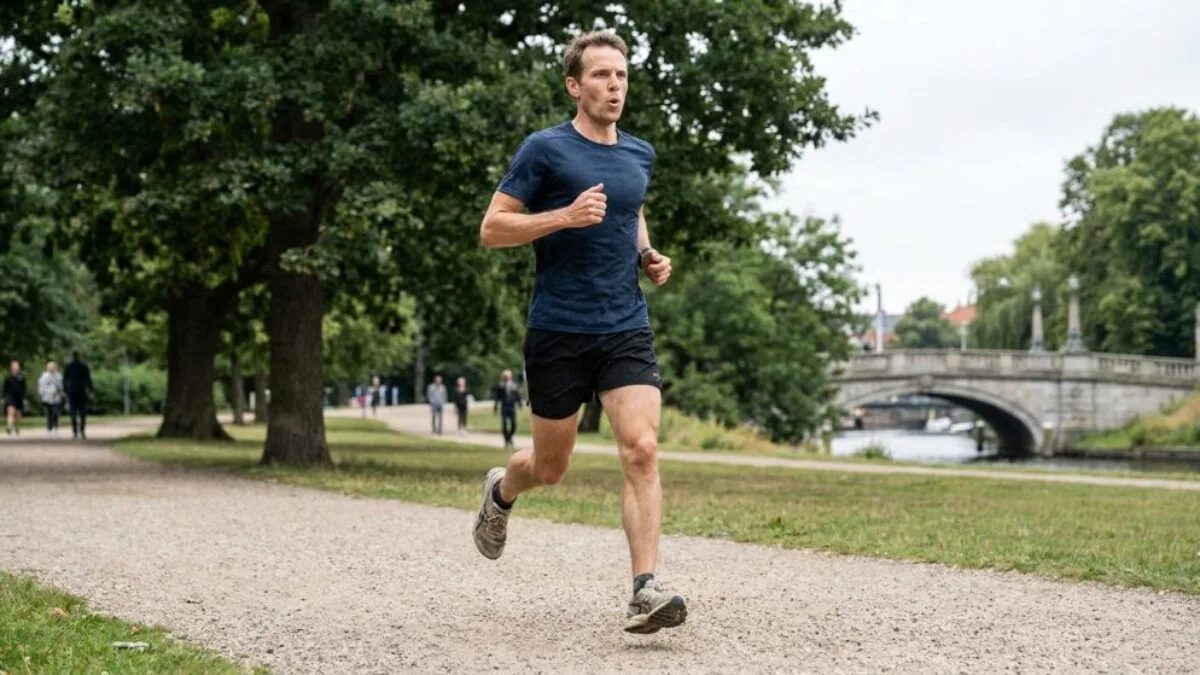 Man in a blue shirt and black shorts running along a gravel park path with trees and a river bridge in the background, mid-stride.