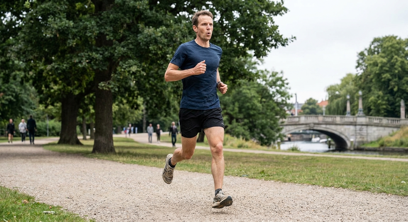 Man in a blue shirt and black shorts running along a gravel park path with trees and a river bridge in the background, mid-stride.