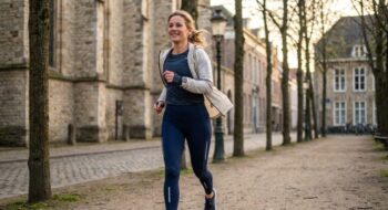 Woman jogging along a tree-lined cobblestone street with historic stone buildings in the background, smiling.