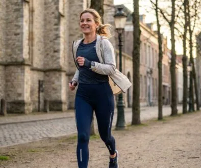 Woman jogging along a tree-lined cobblestone street with historic stone buildings in the background, smiling.