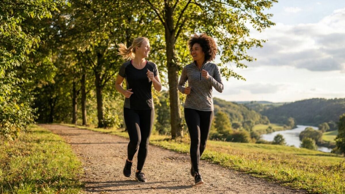 Two women in athletic wear jogging along a tree-lined trail with a river valley in the background.