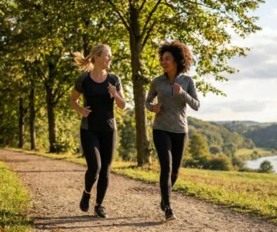 Two women in athletic wear jogging along a tree-lined trail with a river valley in the background.