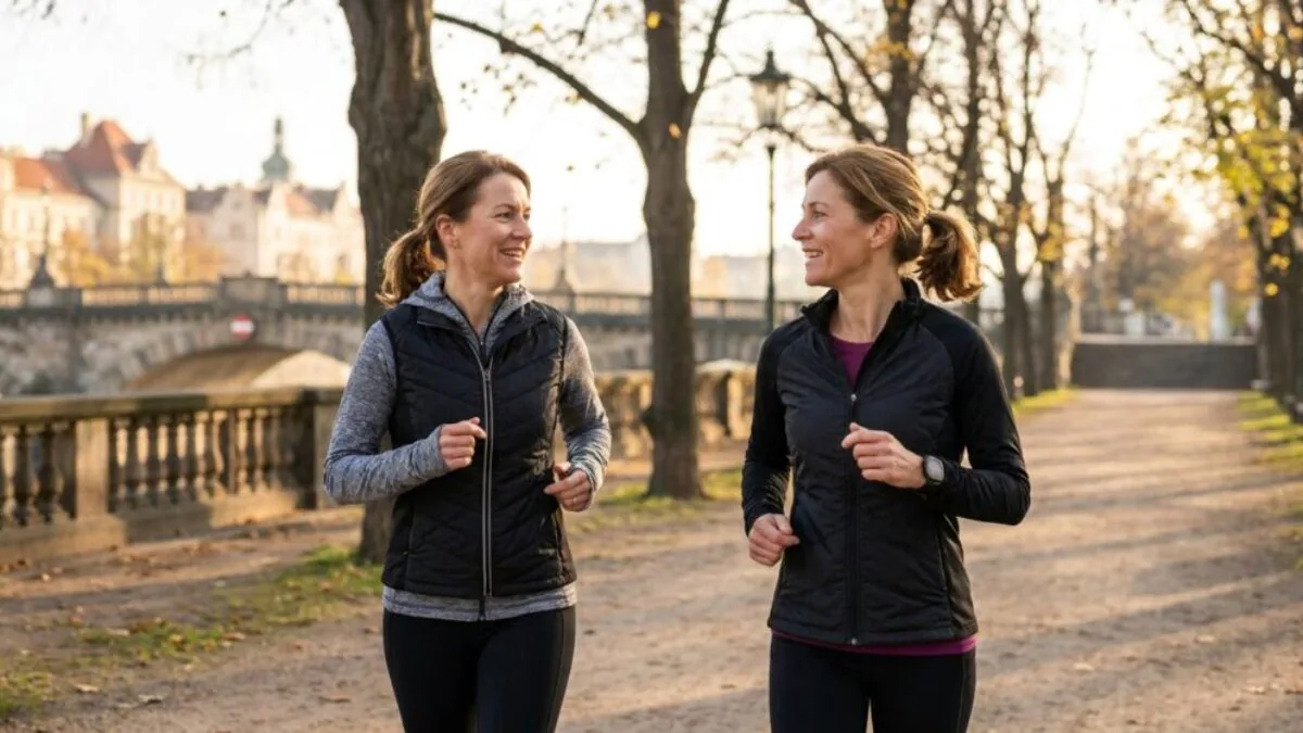 Two women jogging and smiling at each other on a sunlit park path lined with trees in autumn.